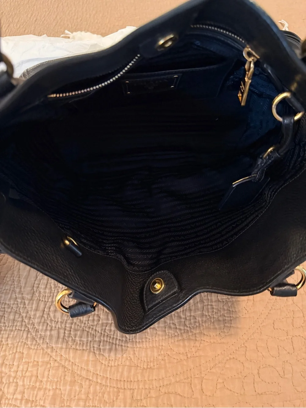 Prada Daino Side Pocket Black Pebbled Leather Tote with Gold Logo